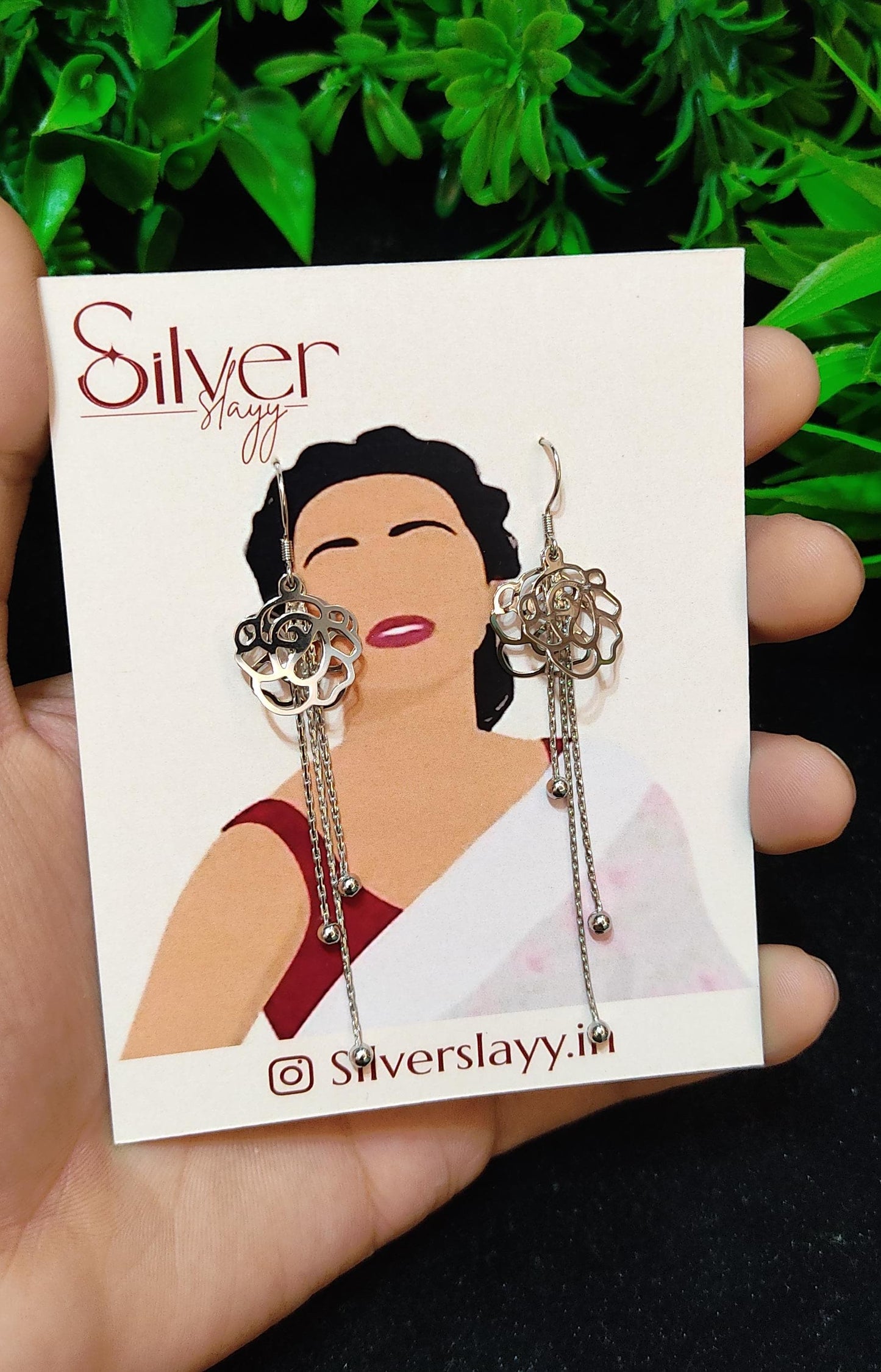 Silver Floral Cutout Earrings with Chain Tassel - Elegant Drop Design by SilverSlayy