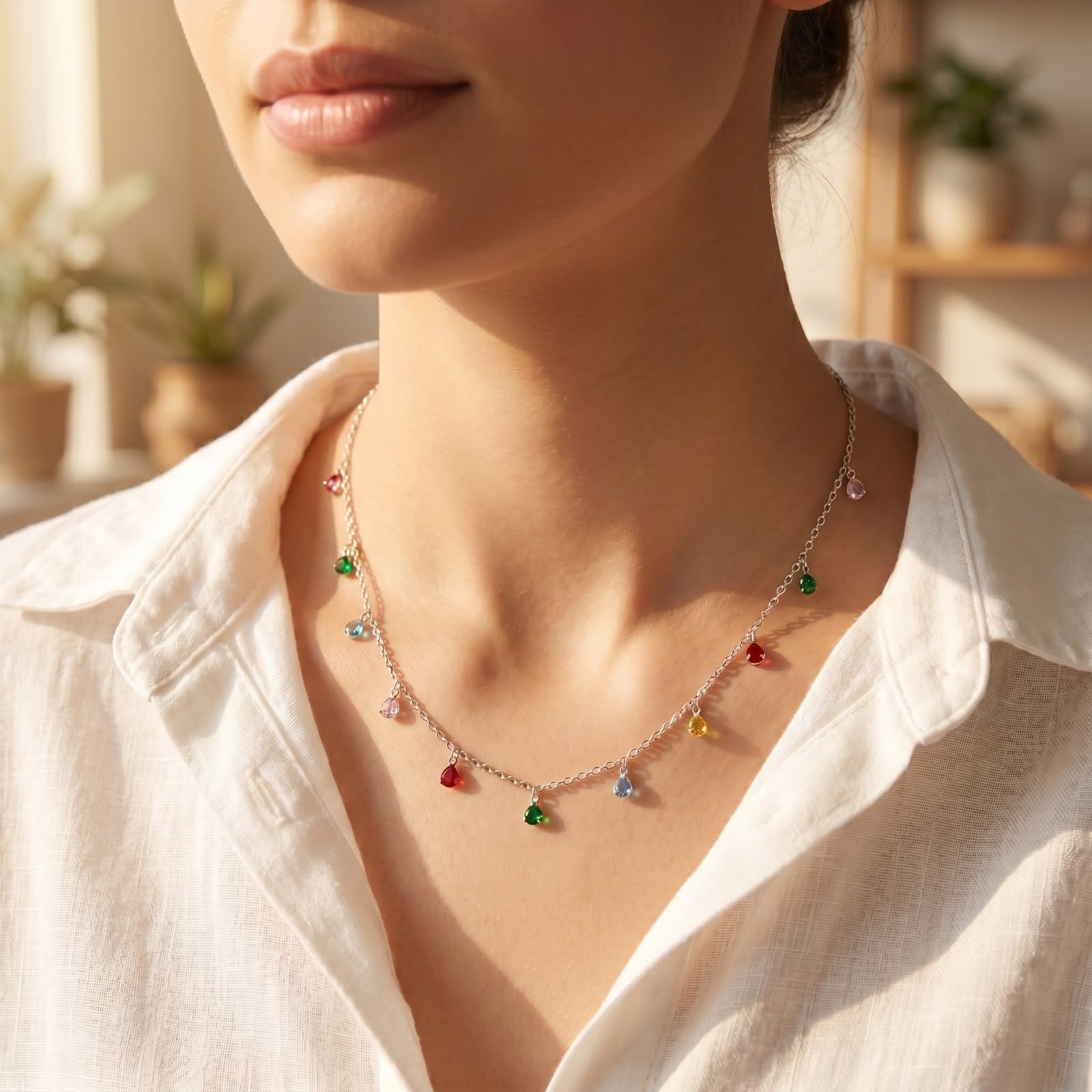 Front view of a 925 silver chain necklace featuring multiple dangling multicolor teardrop charms, styled on a woman's neckline over a white linen shirt.