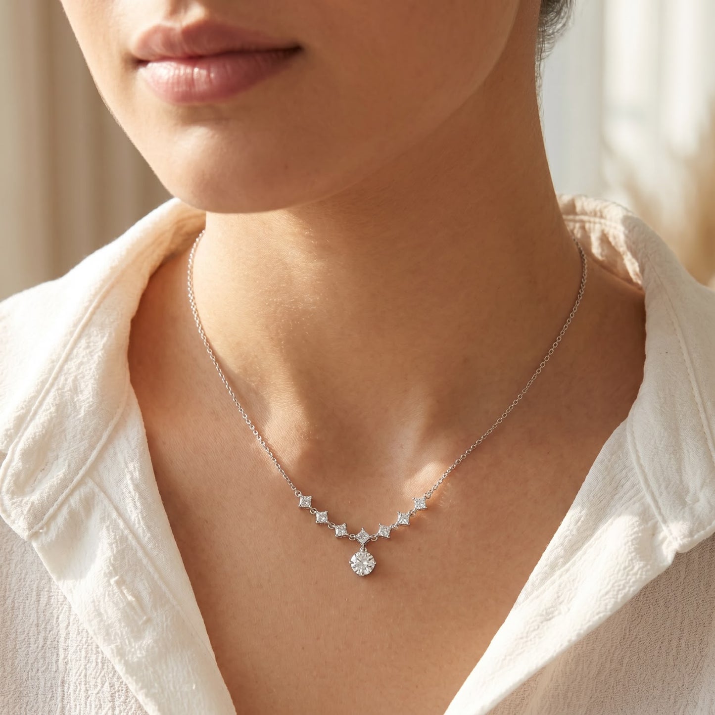 Front view of a 925 silver chain necklace featuring a stone-studded chevron arc and dangling round charm, worn on a woman's neckline.
