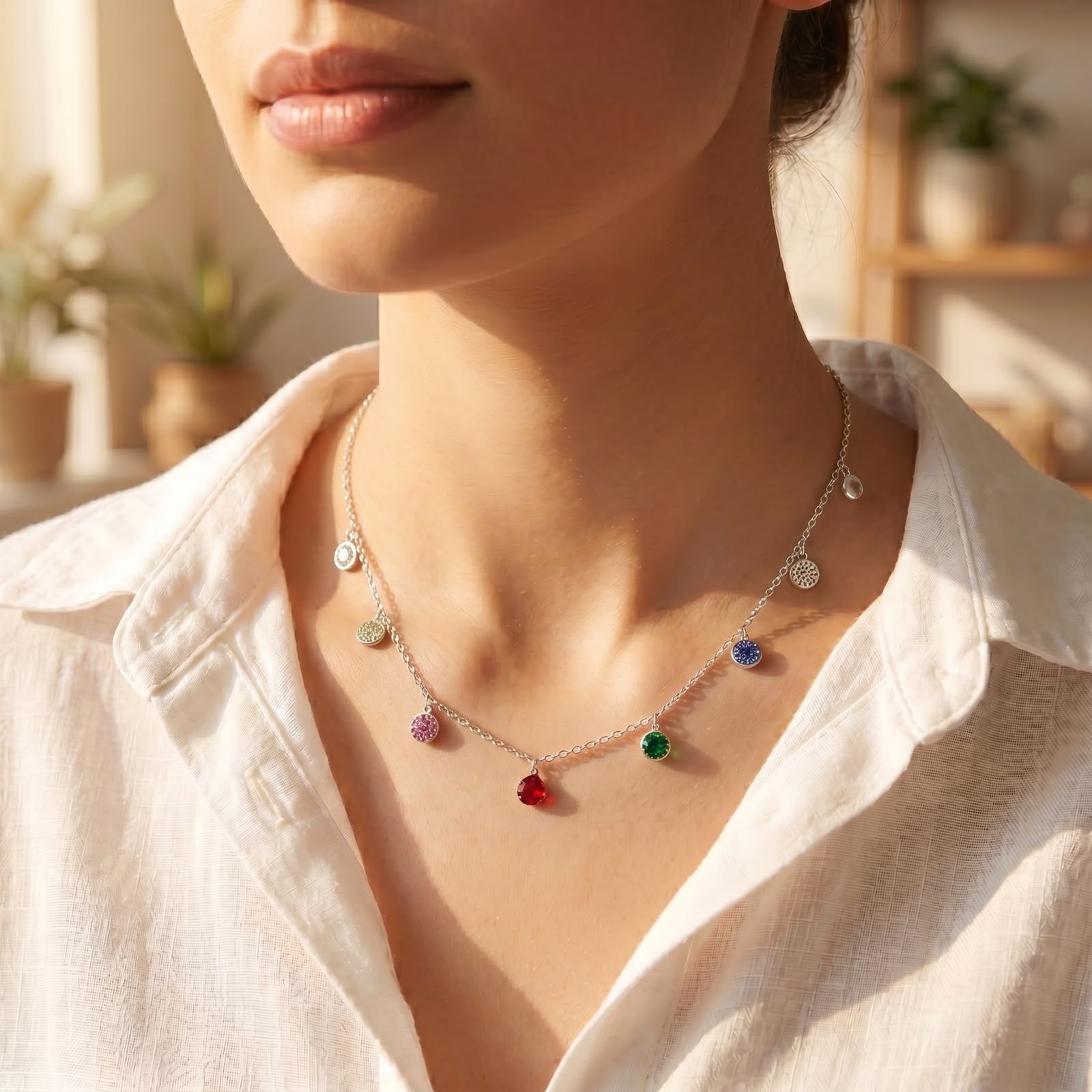 Front view of a 925 silver chain necklace featuring dangling multicolor round and teardrop charms, styled on a woman's neckline over a white shirt.