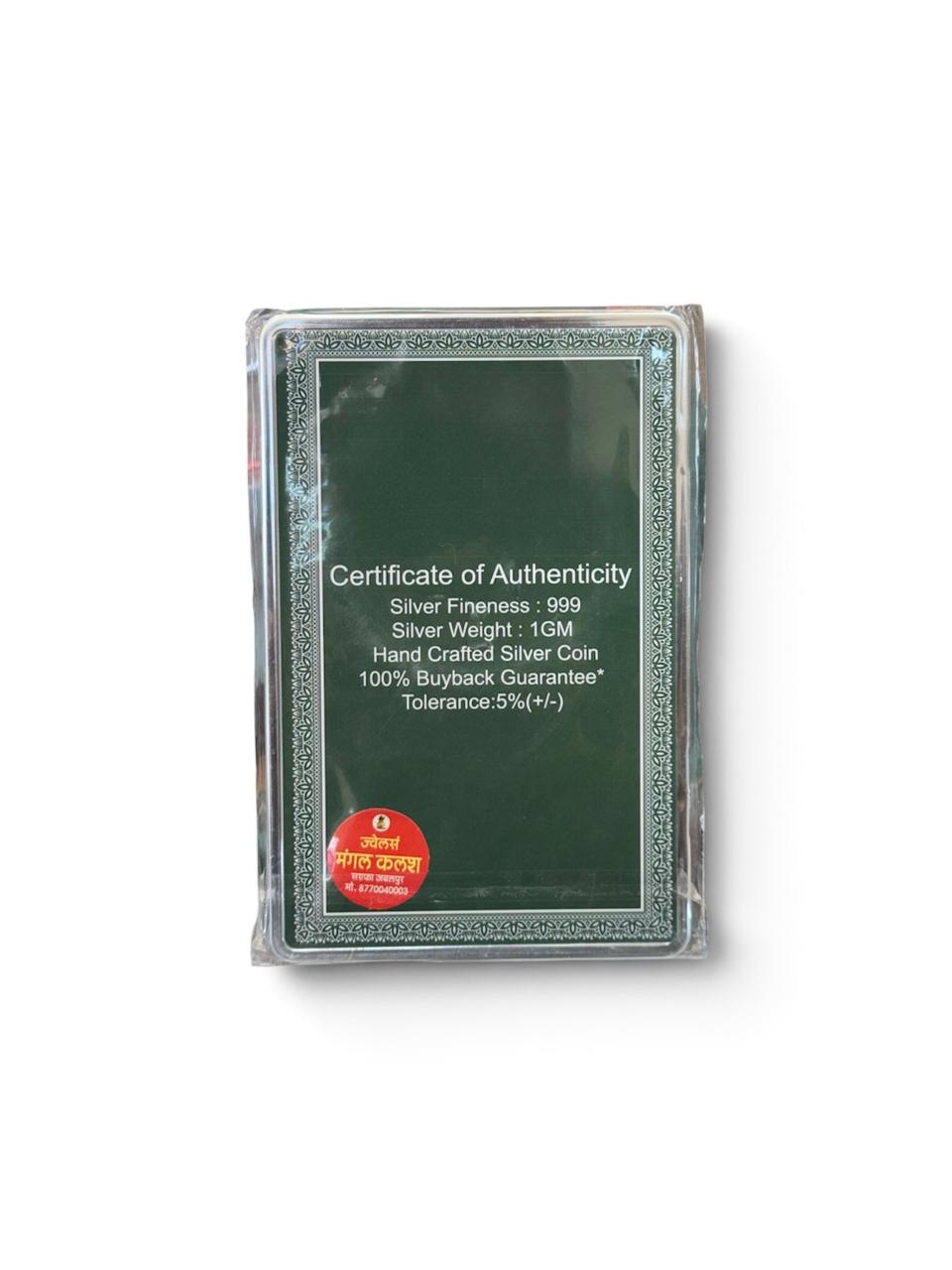 999 silver gifting coin package showing certificate of authenticity and silver fineness details.