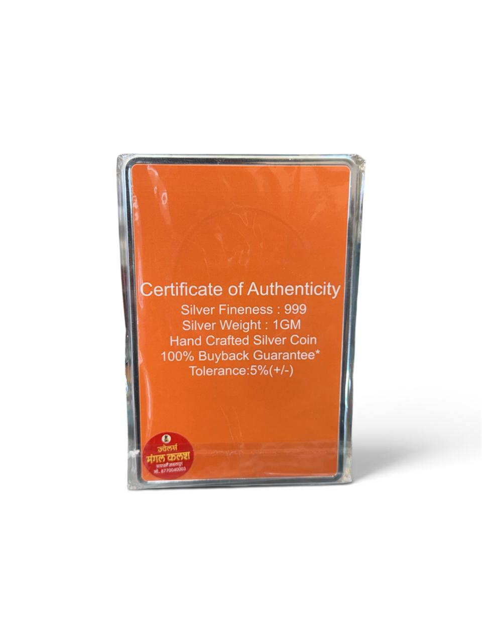 Back of 999 silver gifting coin package showing certificate of authenticity, silver fineness and silver weight details.
