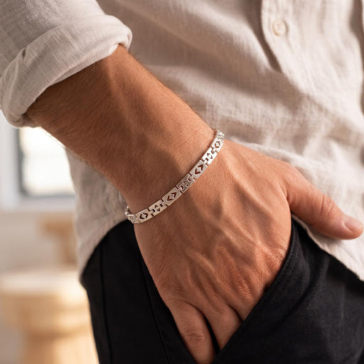 Openwork Geometric Heart Cutout Links Silver Bracelet