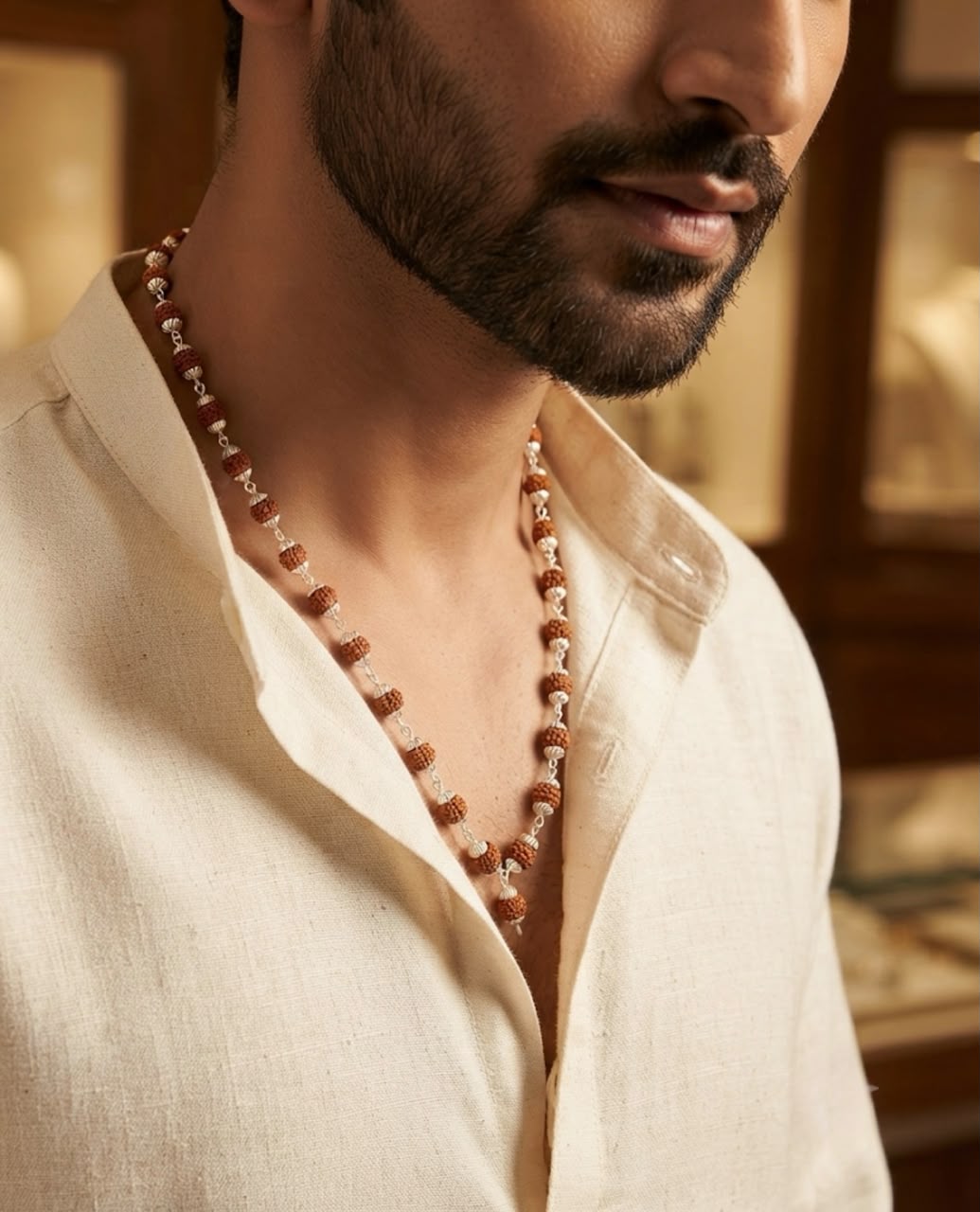 Man wearing a 925 sterling silver Rudraksha chain with evenly spaced sacred beads and an off-white shirt, close-up lifestyle view.