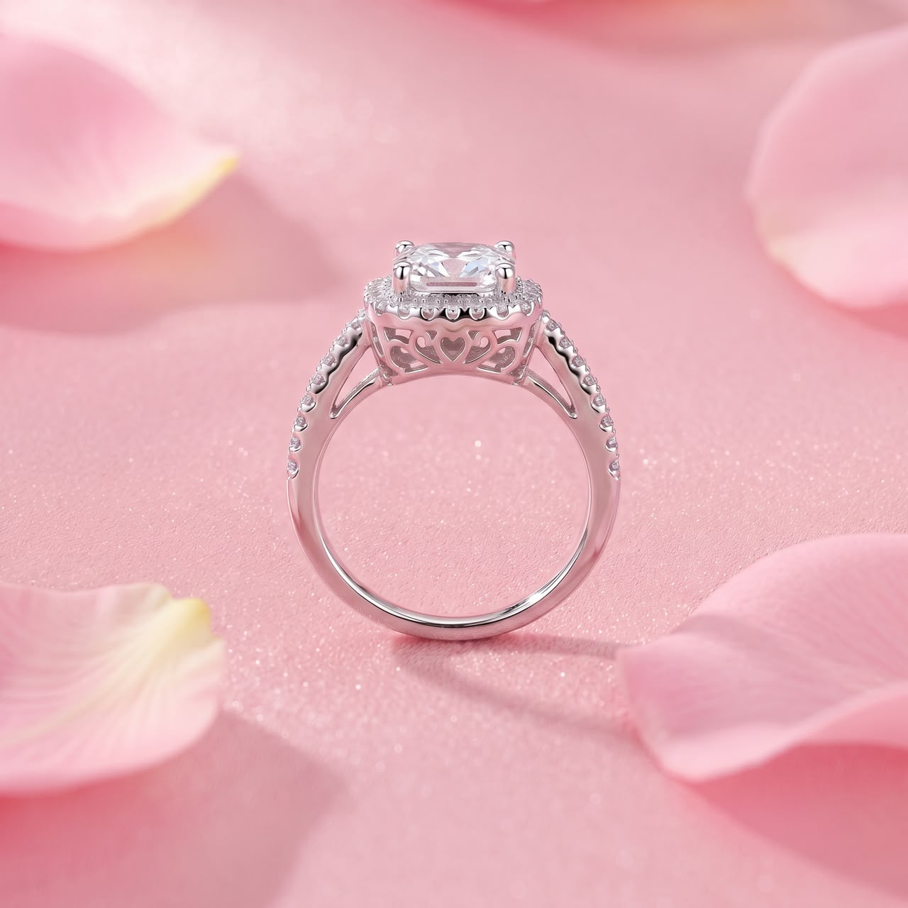 Close-up of a 925 sterling silver ring with a sparkling centre stone and pink petals.