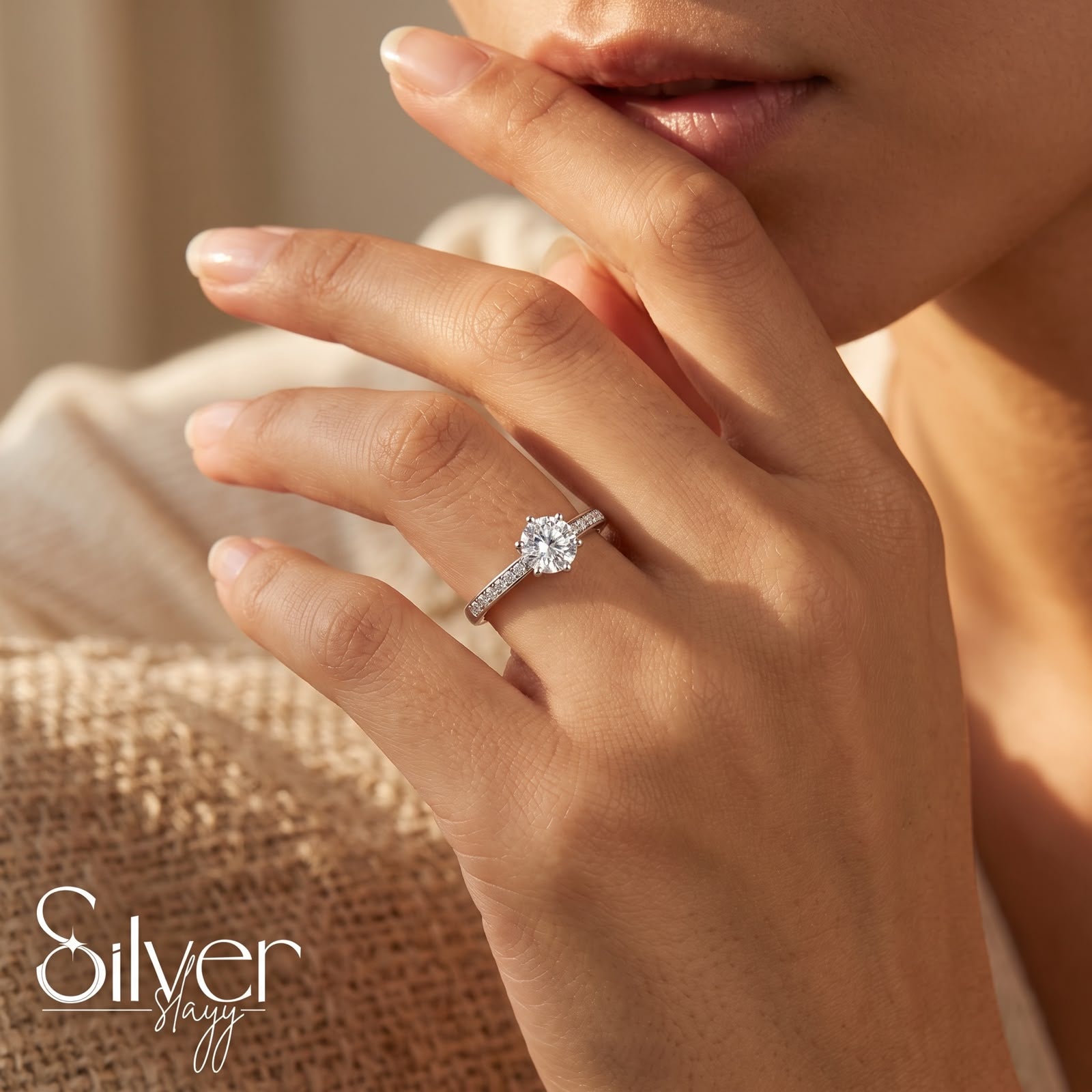 925 sterling silver ring with a round solitaire stone and stone-set band worn on a woman's finger.