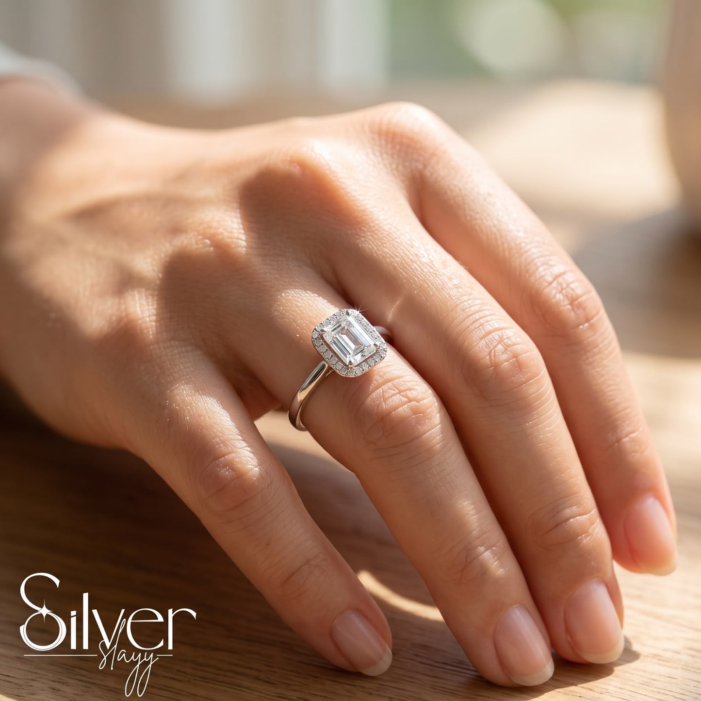 925 sterling silver ring with an emerald-cut center stone and halo setting worn on a woman's finger.