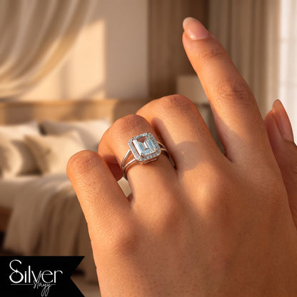 Emerald Halo Frame Design Silver Ring For Her