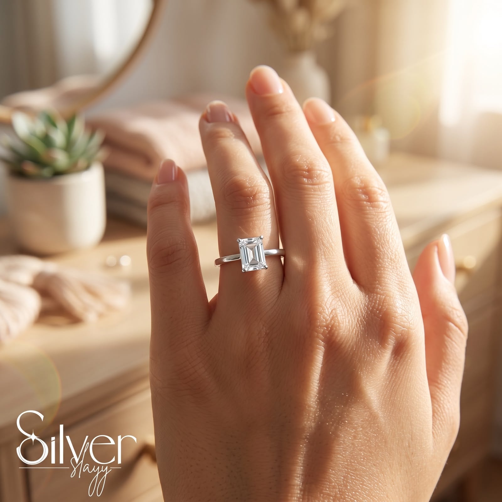 925 sterling silver ring with an emerald-cut solitaire in a four-prong setting worn on a woman's finger.