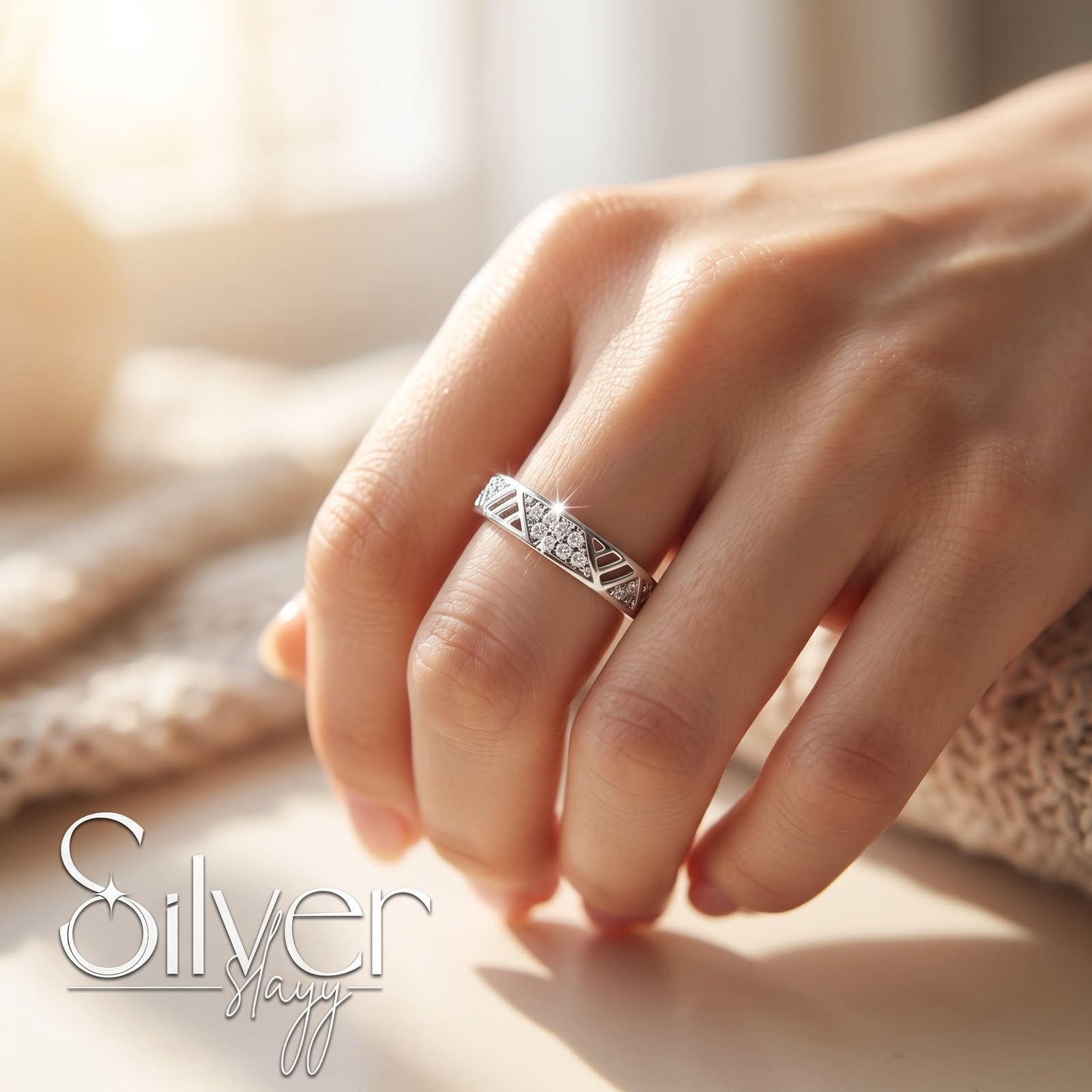 925 sterling silver geometric triangle pattern ring with center stone worn on a woman's finger in natural daylight.