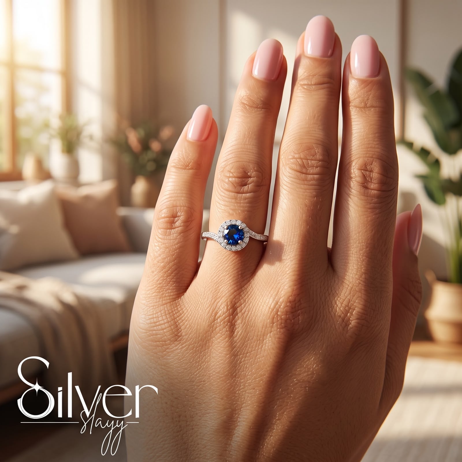 925 sterling silver blue halo solitaire ring worn on a woman's finger in a bright indoor lifestyle setting.