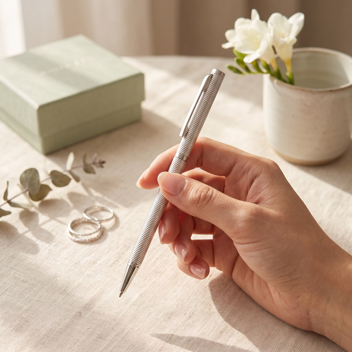 Hand holding a 925 sterling silver spiral fluted pen on a tabletop beside rings and gift packaging.