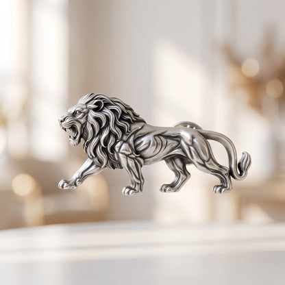 Side view of 925 sterling silver walking lion brooch with antique oxidized finish on light background.