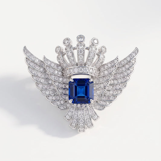 Front view of 925 sterling silver winged crown brooch with royal blue center stone on white background.