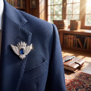925 sterling silver blue stone winged brooch worn on navy suit jacket lapel.