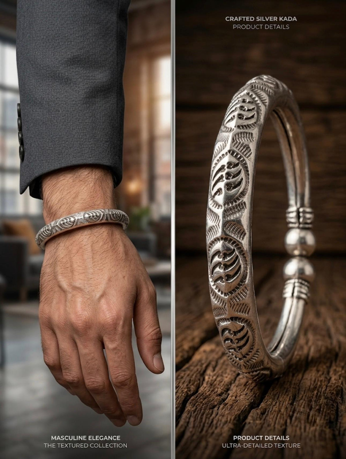 925 silver men's kada with repeating leaf motifs and textured engraved detailing, shown worn on a wrist and displayed open