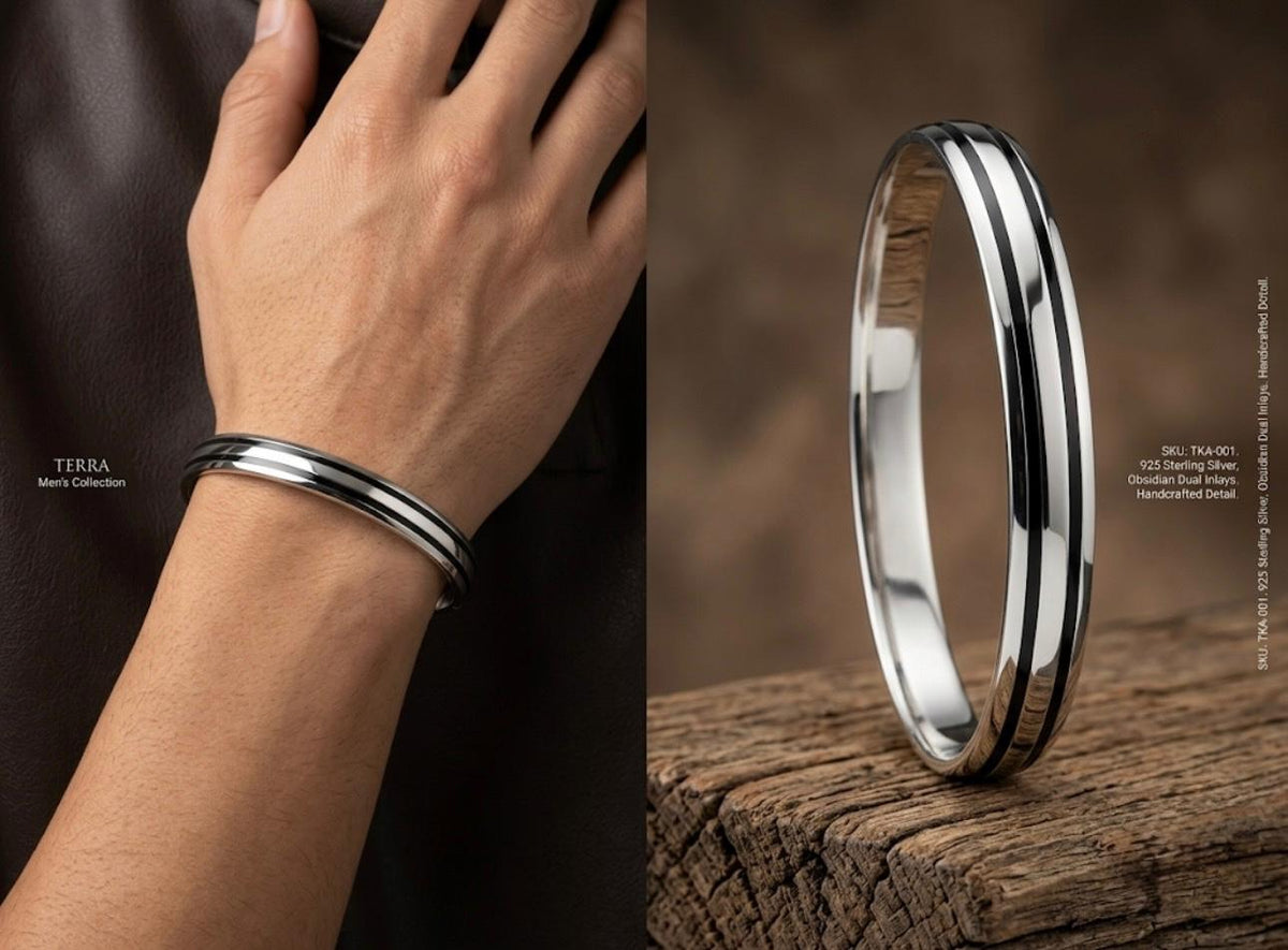 925 silver men's kada with dual dark stripe inlays and polished finish, worn around the wrist.