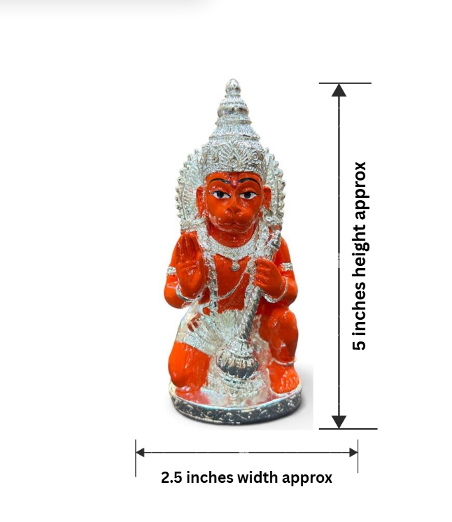 999 pure silver plated Hanuman gifting idol shown from the front with ornate crown and detailed relief design, approximately 5 inches tall.