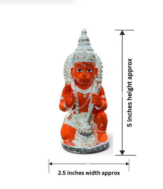 999 pure silver plated Hanuman gifting idol shown from the front with ornate crown and detailed relief design, approximately 5 inches tall.