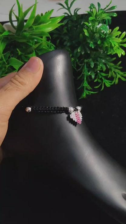 Black Thread Anklet with Silver & Pink Heart Charm – Adjustable & Stylish