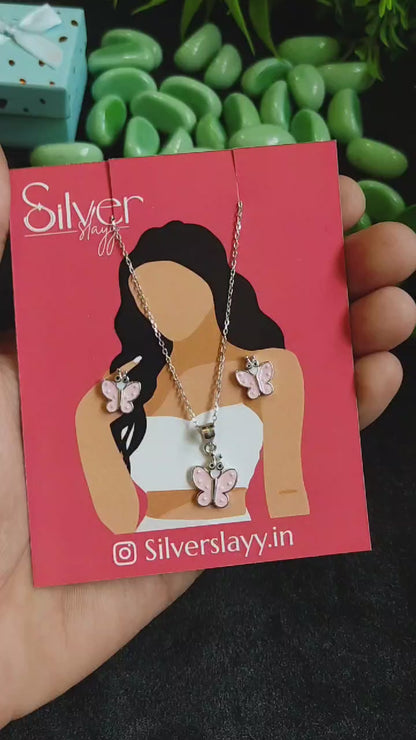 925 Sterling Silver Pink Butterfly Pendant Set for Girls – Adorable Set  | Silverslayy