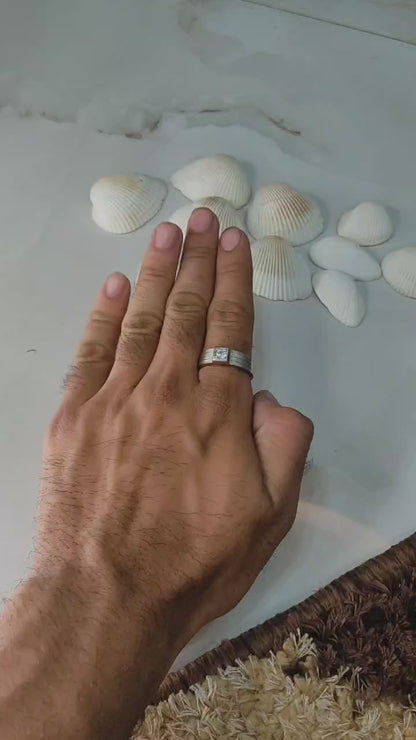 Men's 925 Sterling Silver Ring with Single Crystal Accent and Textured Band – Minimalist and Stylish