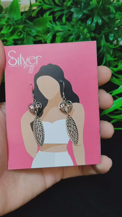 Silver Heart and Leaf Drop Earrings - Delicate Nature-Inspired Design by SilverSlay