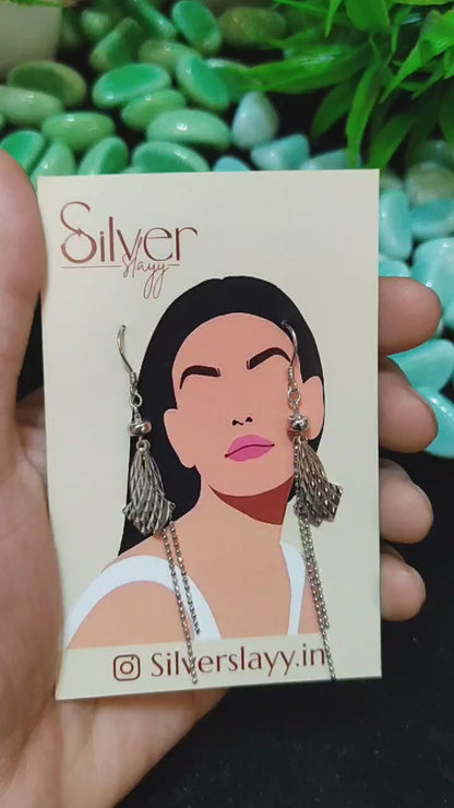 Textured Silver Dangle Earrings with Dual Chain Drop - Unique Geometric Design by SilverSlayy