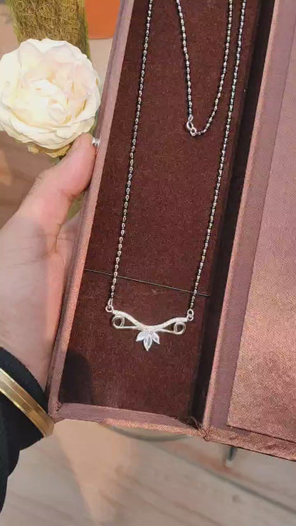 Modern Floral Silver Mangalsutra with Black Beads Chain