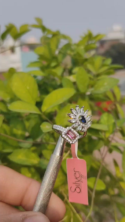 Dual Design Sterling Silver Ring – Floral & Gemstone Elegance for Women | Silverslayy