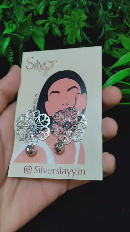 Floral Cutout Silver Earrings with Drop Ball Accent - Boho Chic Style by SilverSlayy