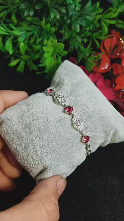 925 Sterling Silver Bracelet with Red Stones | Floral Design
