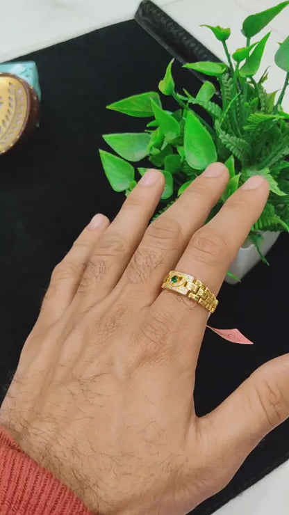 Men's Gold-Plated ✨ Ring – Luxury Watch Pattern with Emerald Stone