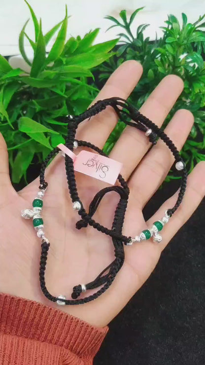Black Thread Anklet with Silver & Green Beads – Adjustable & Stylish