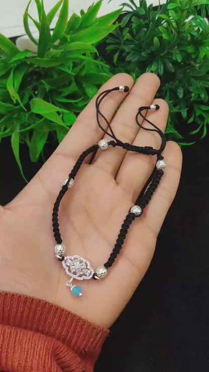 Elegant Silver-Plated Adjustable Thread Anklet – Black & Silver Charm with Blue Bead Accent | Silver Slayy