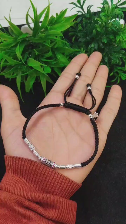 ✨ Black Thread Anklet with Silver Beads & Pink Gem – Adjustable & Stylish