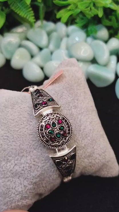 Intricate Silver Cuff Bracelet with Red & Green Accents for Women & Girls – Free Size (70% pure silver)