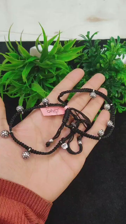 Black Thread Anklet with Silver Beads – Adjustable & Trendy Foot Jewelry