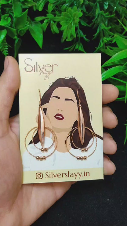 Rose Gold Double Hoop Dangle Earrings with Sleek Pendant - Elegant Statement by SilverSlayy