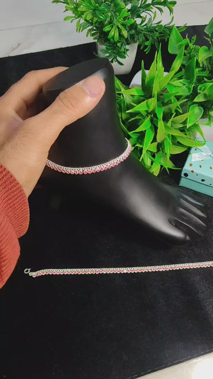 925 Sterling Silver Italian Anklet – Pink Stone Adorned