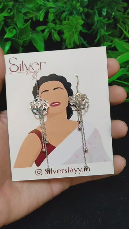 Silver Floral Cutout Earrings with Chain Tassel - Elegant Drop Design by SilverSlayy