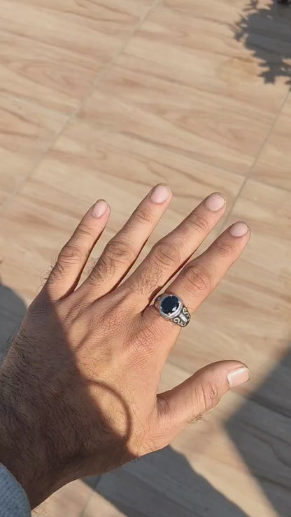 SilverSlayy Sterling Silver Black Stone Ring – Regal Design with Intricate Details