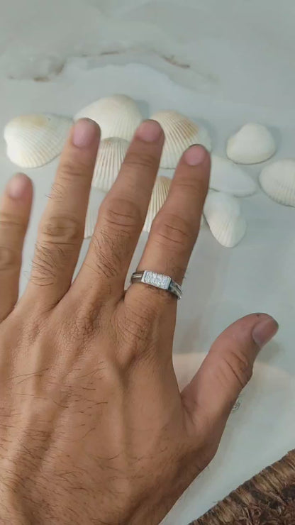 Men's 925 Sterling Silver Ring with Sparkling Rectangular Crystal Cluster – Elegant and Refined Design