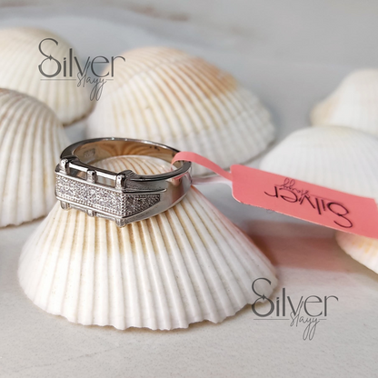 Men's 925 Sterling Silver Ring with Rectangular Crystal Pavé – Bold and Refined Style